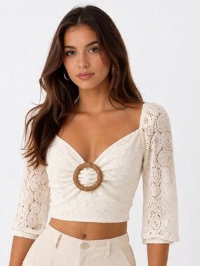 ELA Cream Crochet Crop Top with Ring Detail – Romantic Boho Style